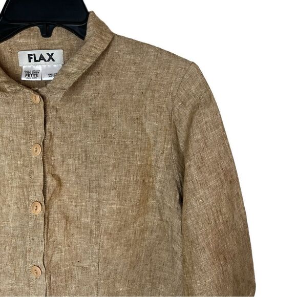 Flax Tan 100% Linen Lagenlook Button Front Cropped Shirt Petite - Picture 5 of 8
